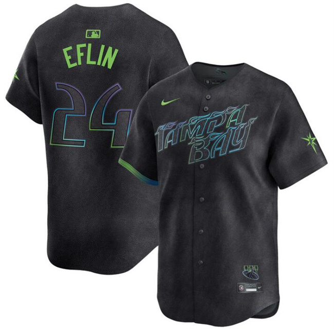 Men's Tampa Bay Rays #24 Zach Eflin Charcoal 2024 City Connect Limited Stitched Baseball Jersey Men's Tampa Bay Rays #24 Zach Eflin Charcoal 2024 City Connect Limited Stitched Baseball Jersey